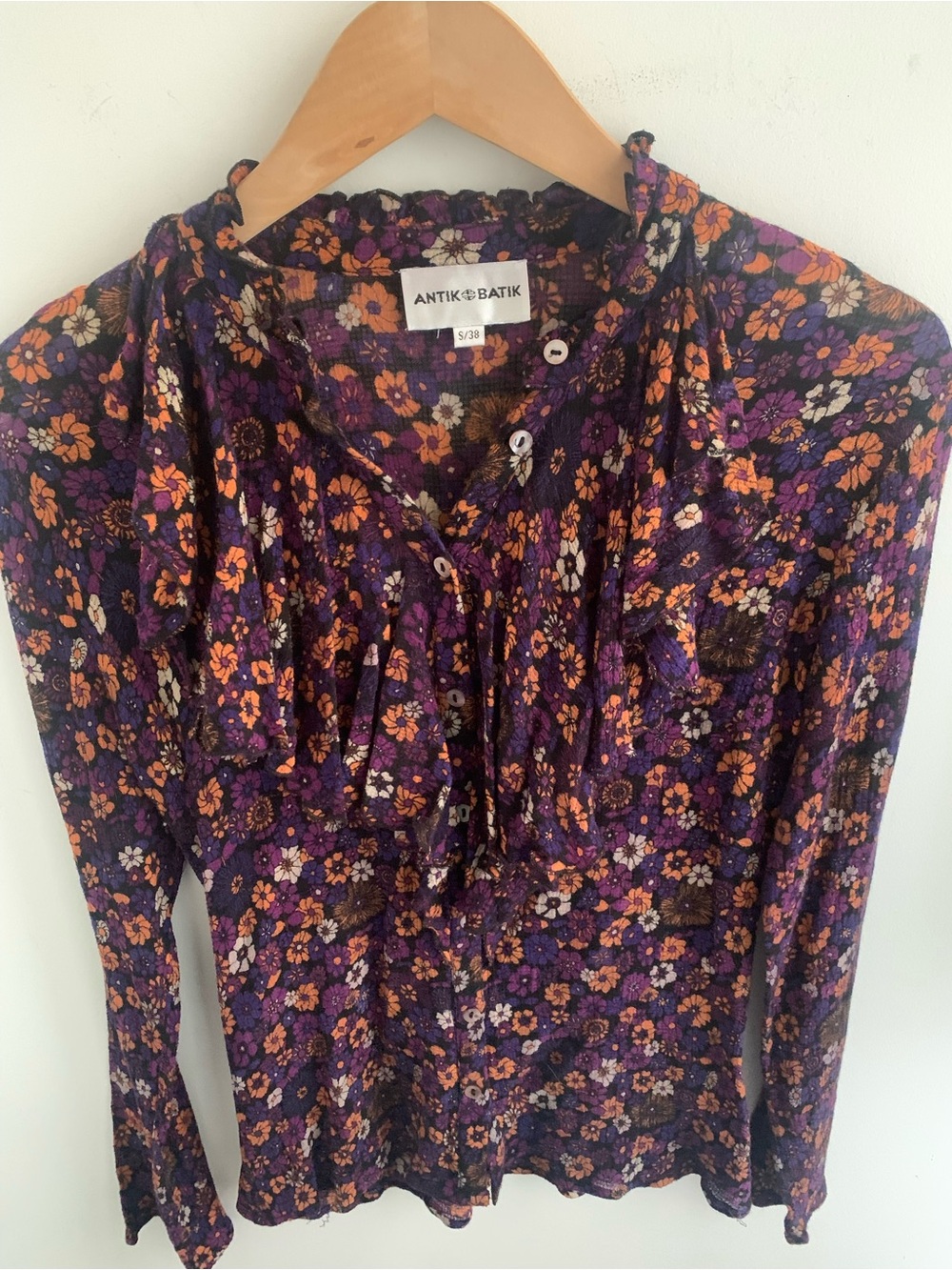 Antik Batik Purple Floral Long-Sleeve Blouse with Orange and White Accents